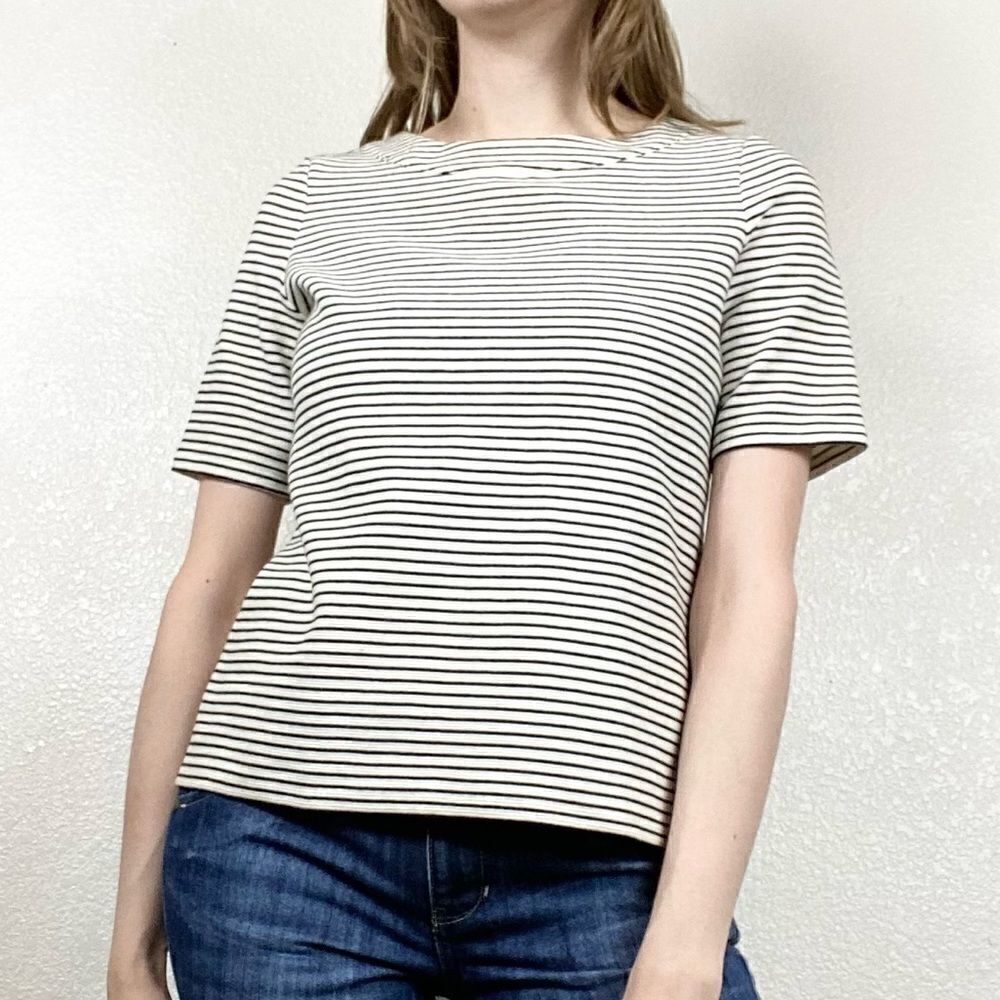 Talbots Textured Black & White Striped Boxy Top